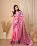 Pink Paper Silk Madhubani Handpainted Floral Motif Saree