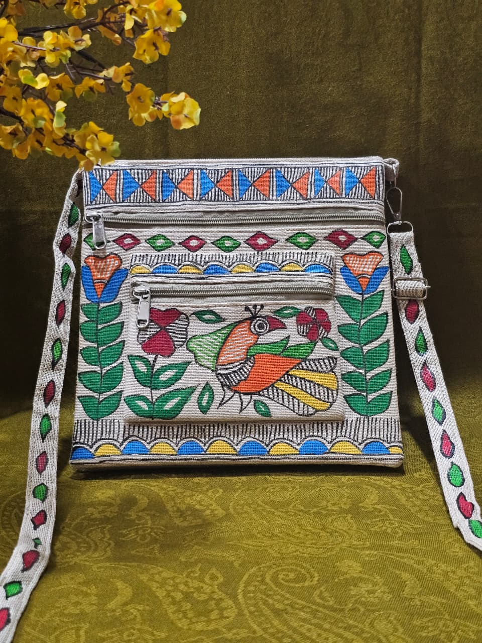 Majestic Peacock – Handpainted Madhubani Peacock Motif Jute Sling Bag