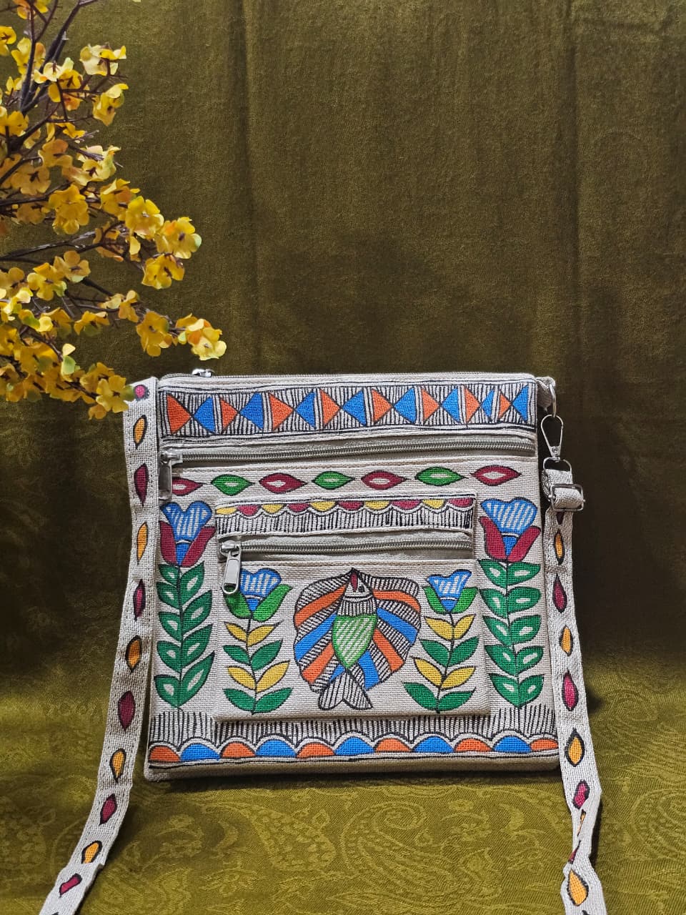 Swimming in Heritage – Handpainted Madhubani Fish Motif Jute Sling Bag