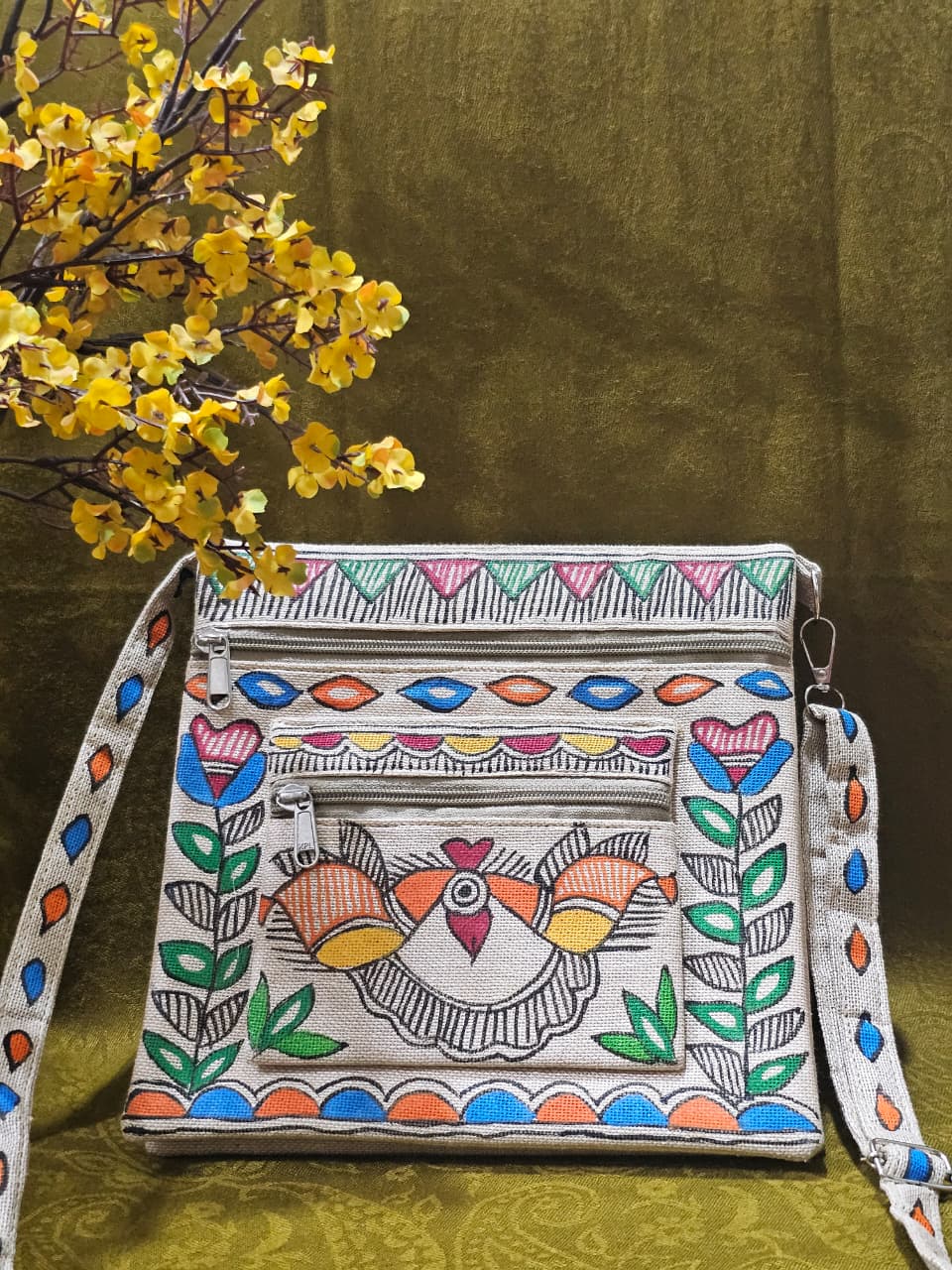 Majestic Peacock – Handpainted Madhubani Peacock Motif Jute Sling Bag