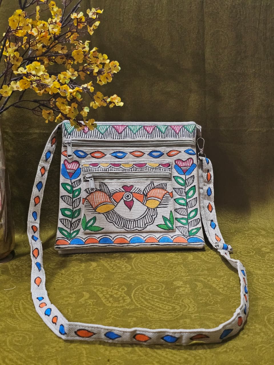 Majestic Peacock – Handpainted Madhubani Peacock Motif Jute Sling Bag
