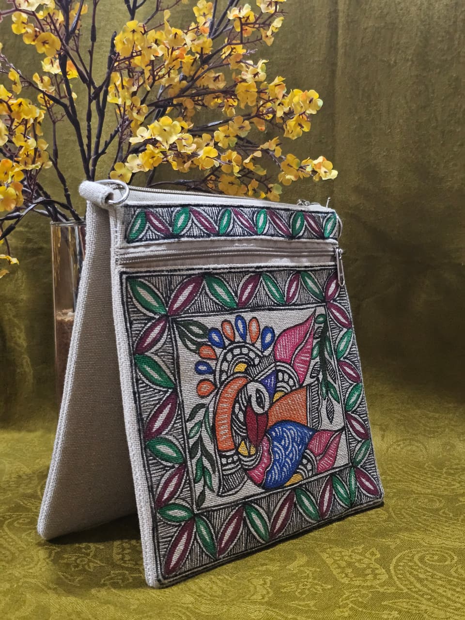 Majestic Peacock – Handpainted Madhubani Peacock Motif Jute Sling Bag