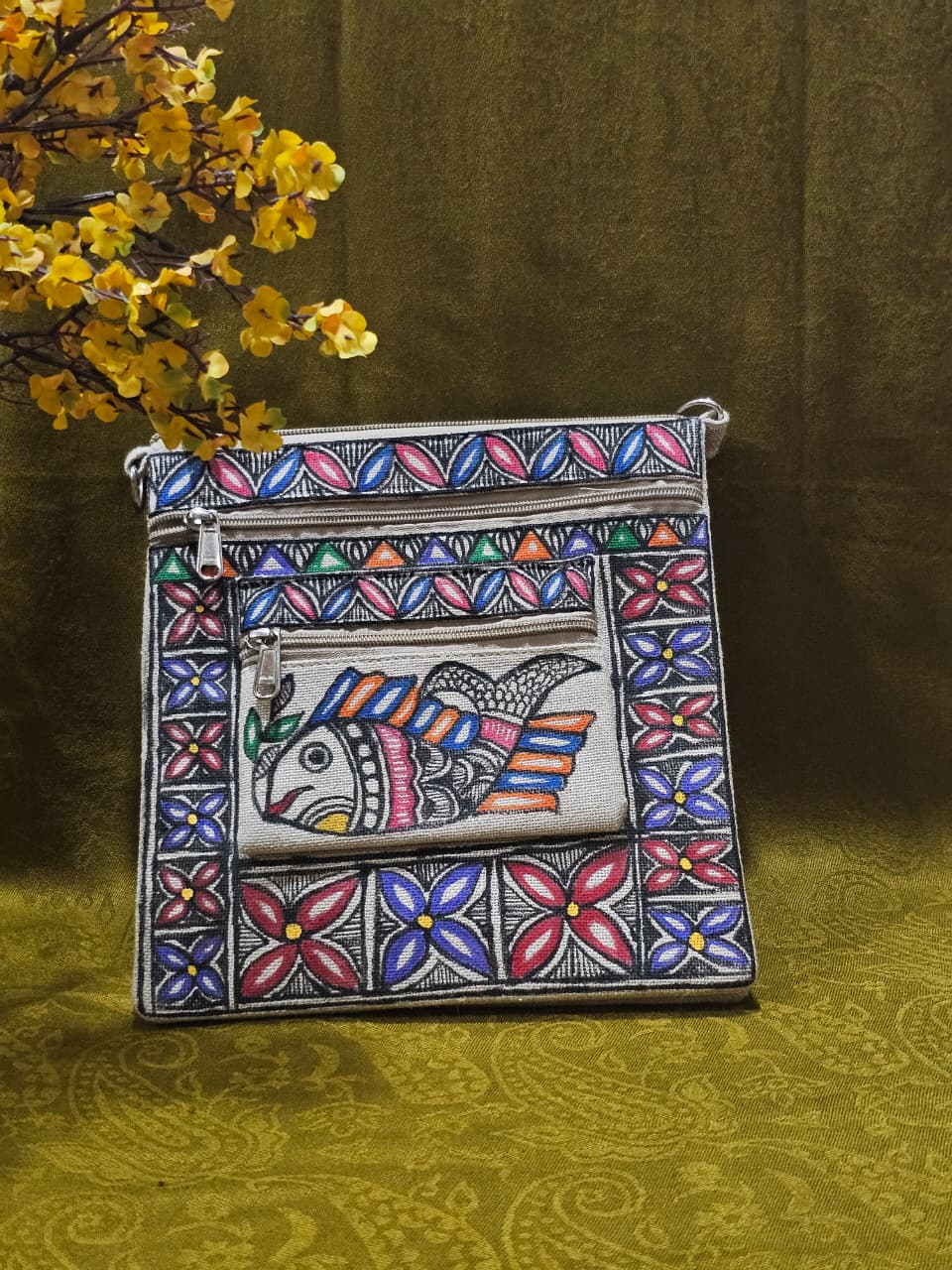 Swimming in Heritage – Handpainted Madhubani Fish Motif Jute Sling Bag