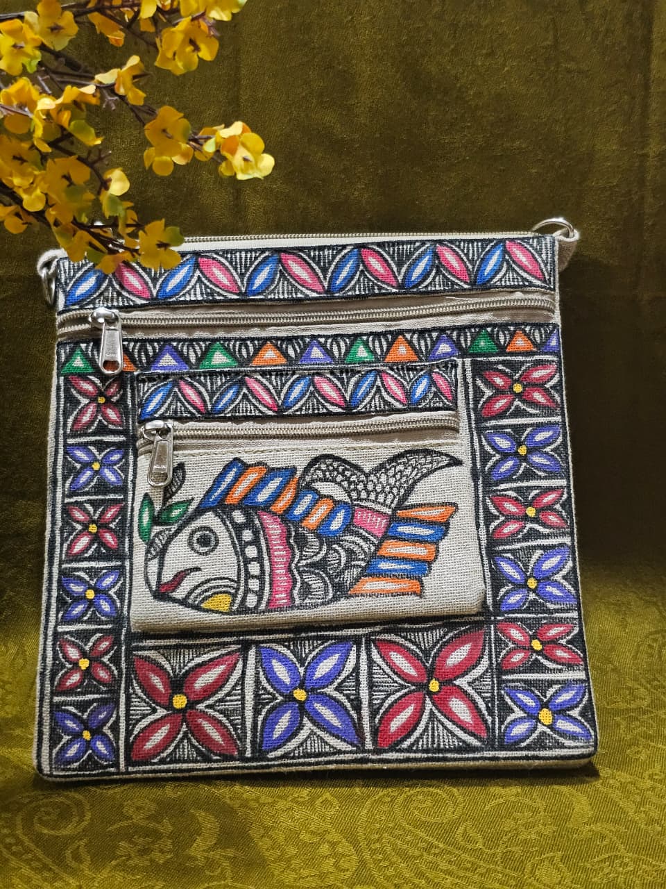 Swimming in Heritage – Handpainted Madhubani Fish Motif Jute Sling Bag