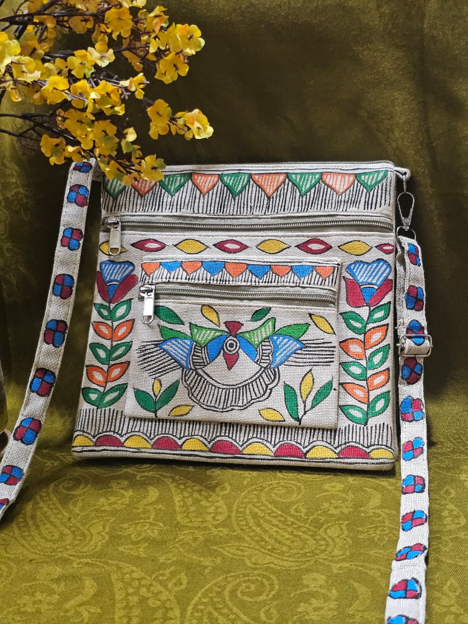 Majestic Peacock – Handpainted Madhubani Peacock Motif Jute Sling Bag