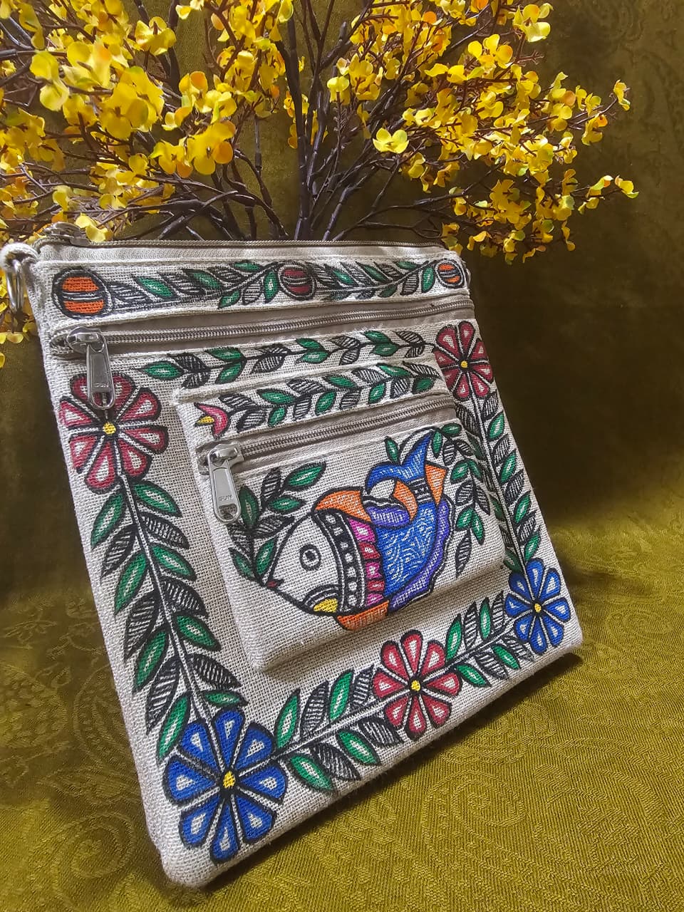 Swimming in Heritage – Handpainted Madhubani Fish Motif Jute Sling Bag