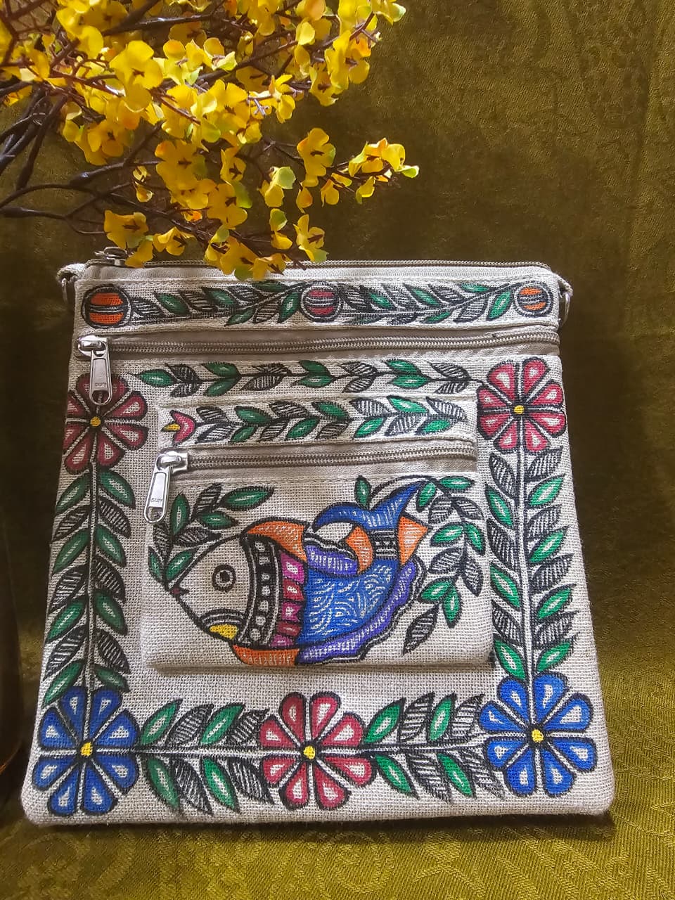 Swimming in Heritage – Handpainted Madhubani Fish Motif Jute Sling Bag