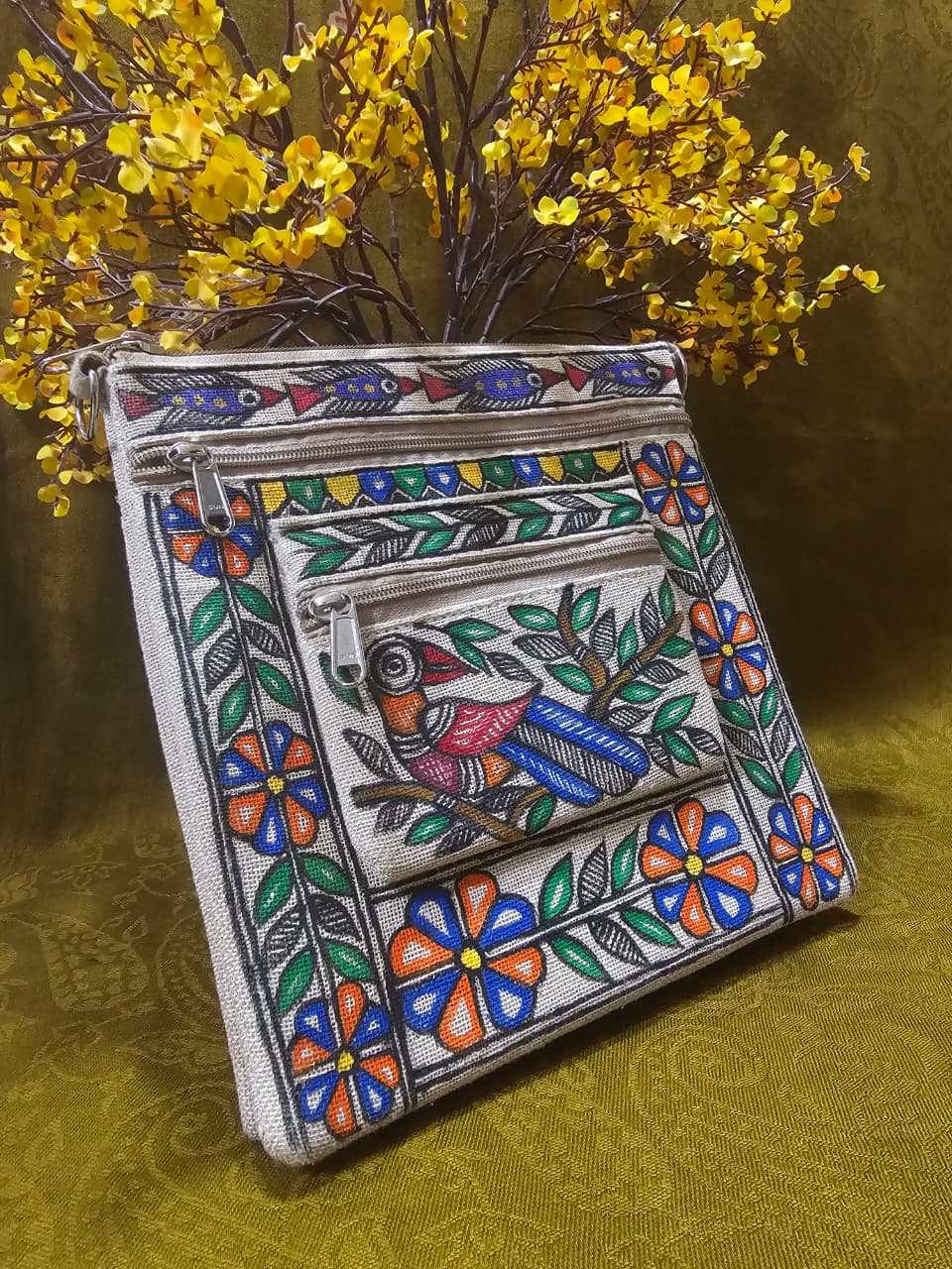 Majestic Peacock – Handpainted Madhubani Peacock Motif Jute Sling Bag