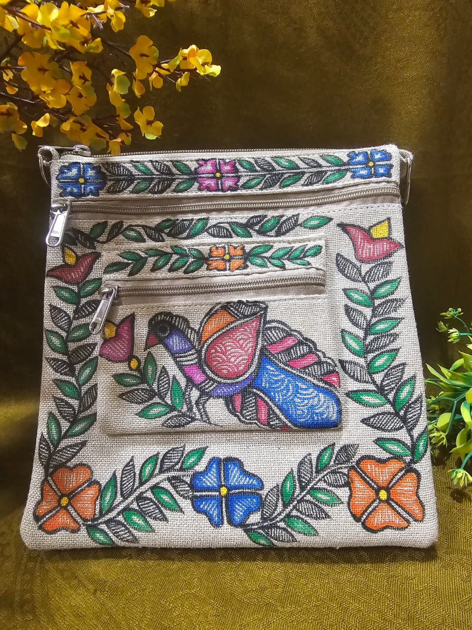 Majestic Peacock – Handpainted Madhubani Peacock Motif Jute Sling Bag