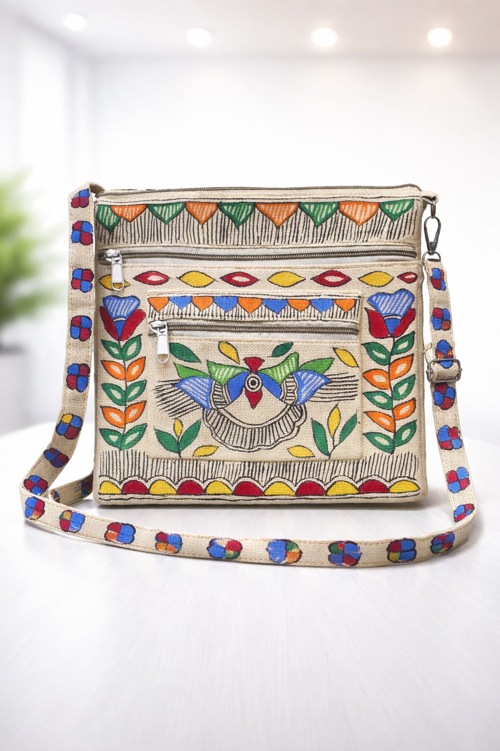 Majestic Peacock – Handpainted Madhubani Peacock Motif Jute Sling Bag