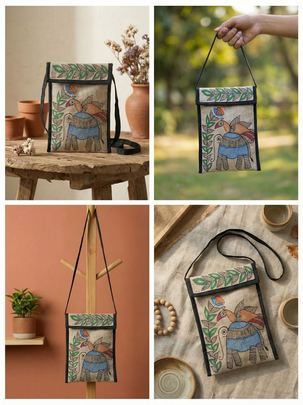 Royal Elephant – Handpainted Madhubani Elephant Motif Jute Mobile Bag