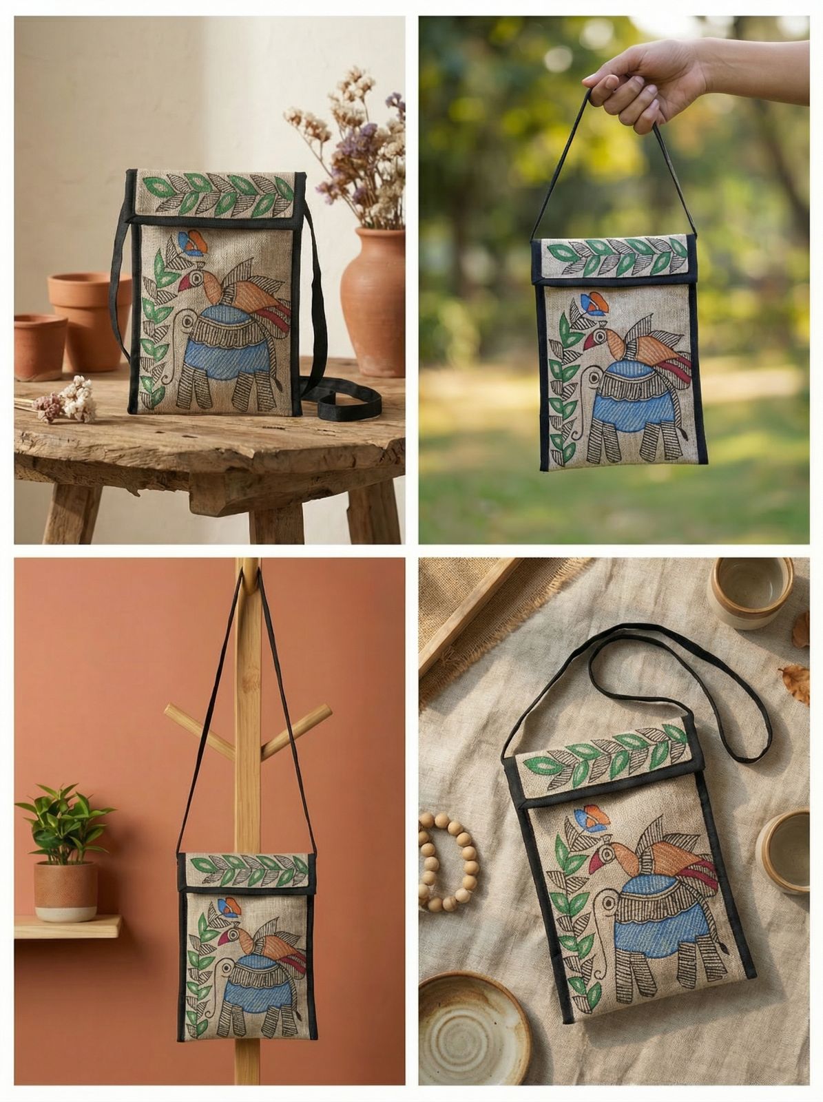 Royal Elephant – Handpainted Madhubani Elephant Motif Jute Mobile Bag