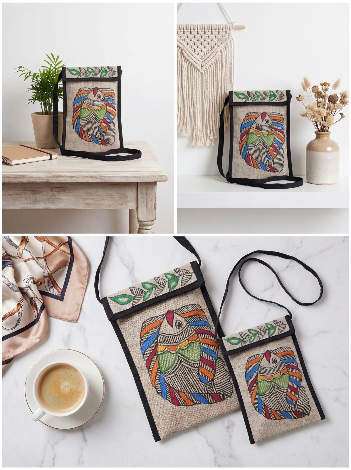 Heritage Fish – Handpainted Madhubani Fish Motif Jute Mobile Bag