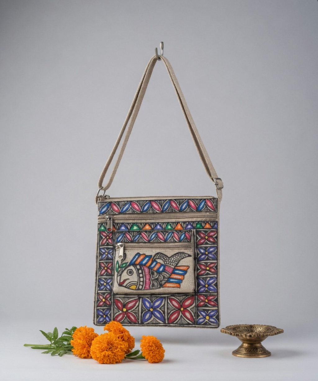 Swimming in Heritage – Handpainted Madhubani Fish Motif Jute Sling Bag