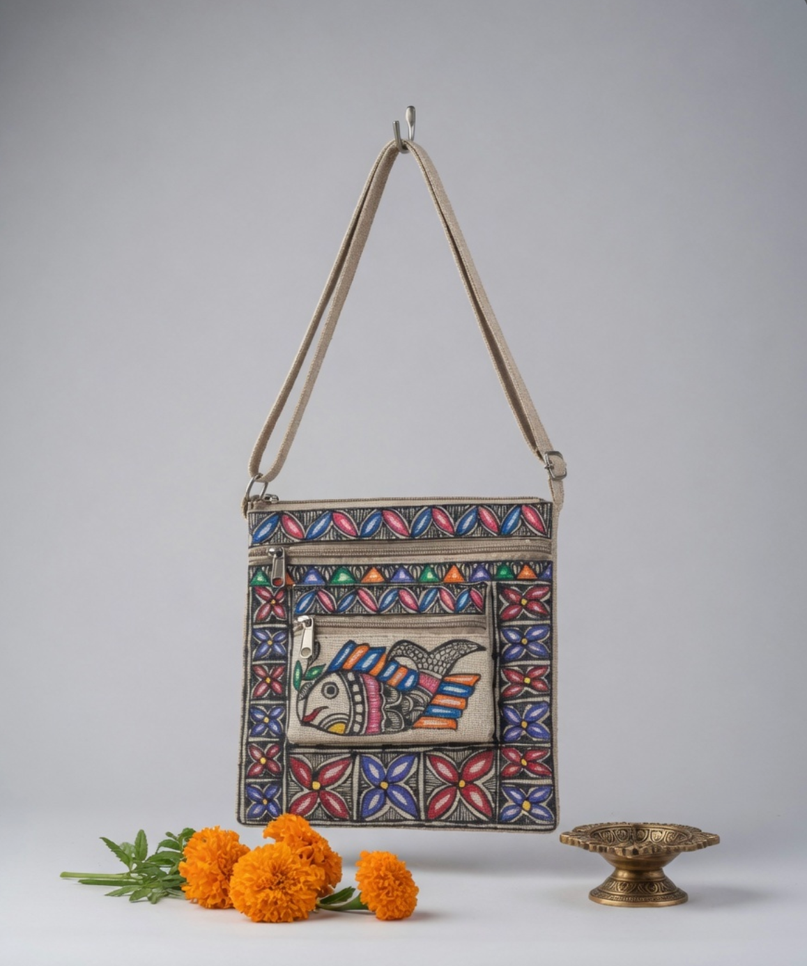Swimming in Heritage – Handpainted Madhubani Fish Motif Jute Sling Bag
