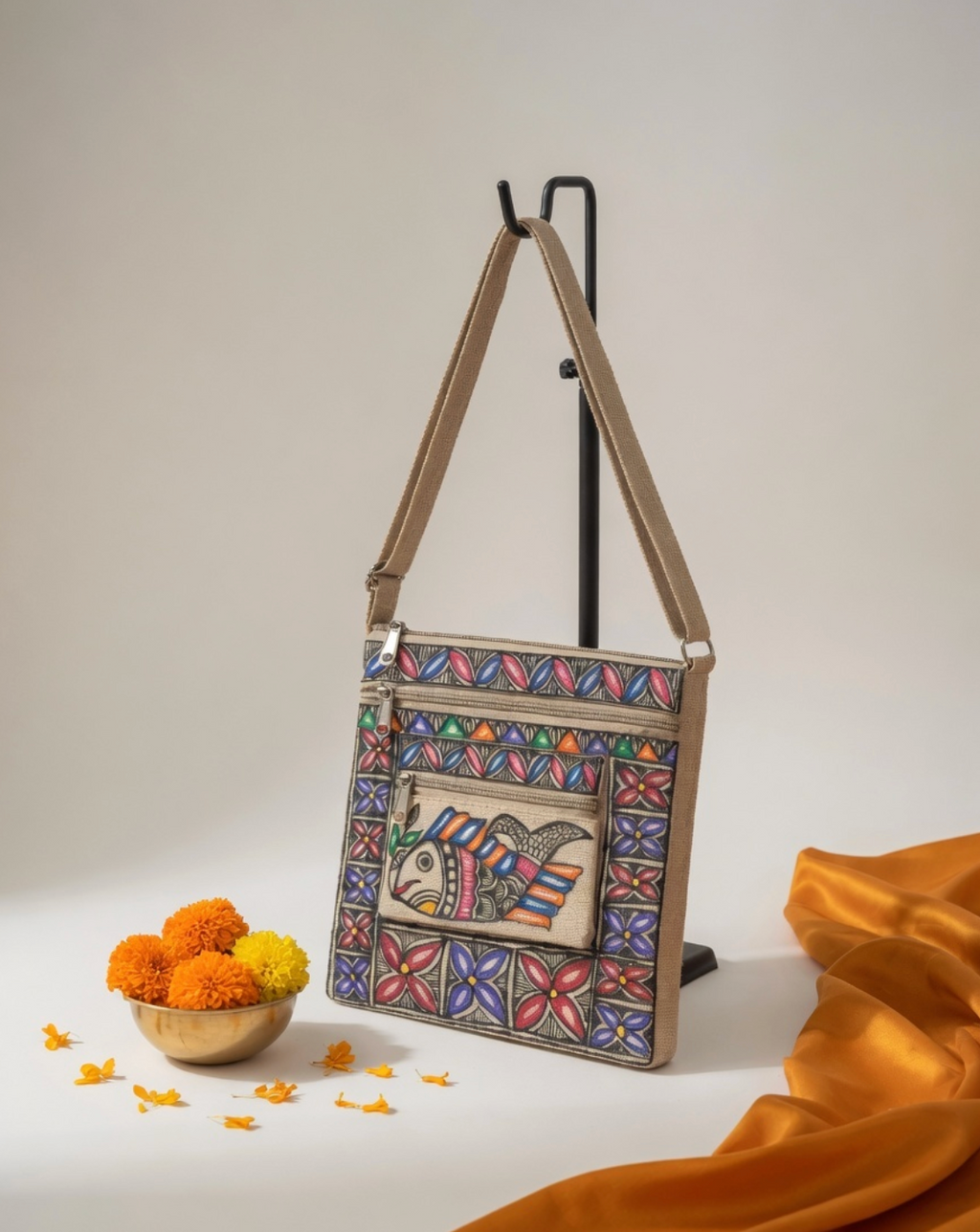 Swimming in Heritage – Handpainted Madhubani Fish Motif Jute Sling Bag