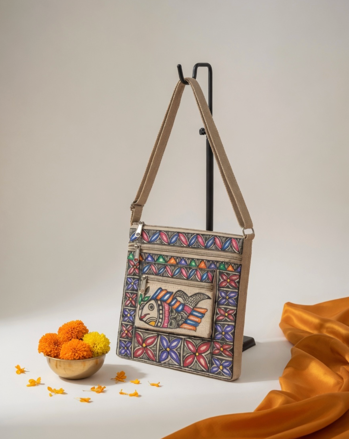 Swimming in Heritage – Handpainted Madhubani Fish Motif Jute Sling Bag