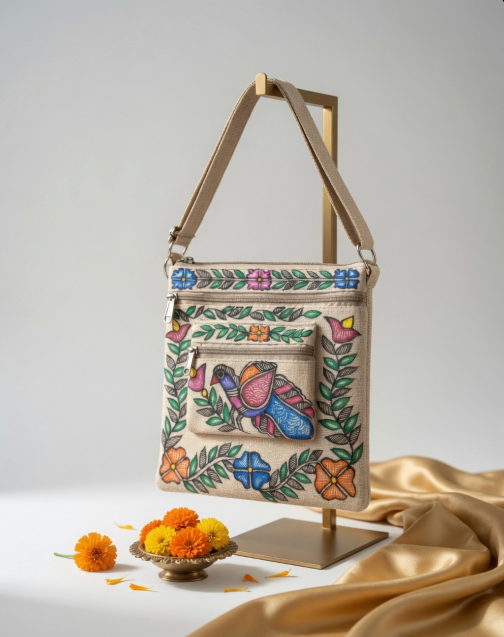Majestic Peacock – Handpainted Madhubani Peacock Motif Jute Sling Bag