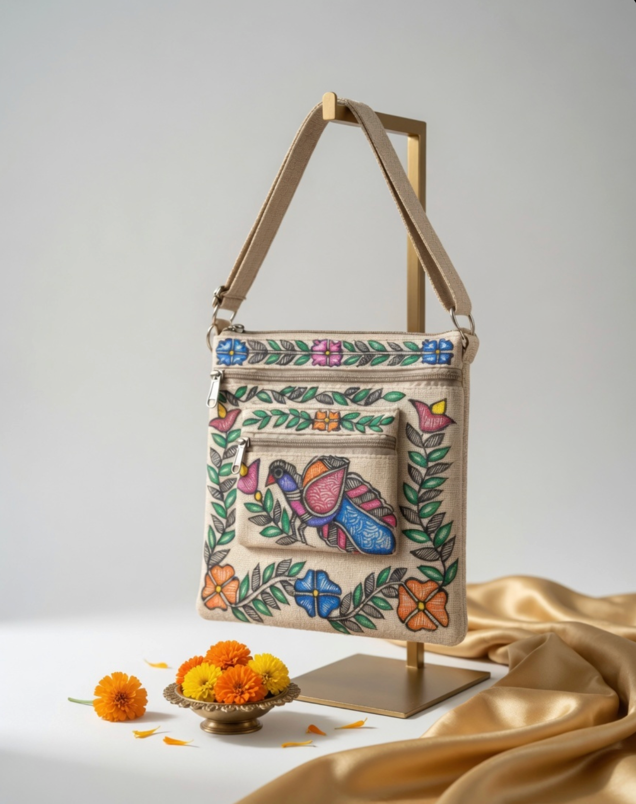 Majestic Peacock – Handpainted Madhubani Peacock Motif Jute Sling Bag