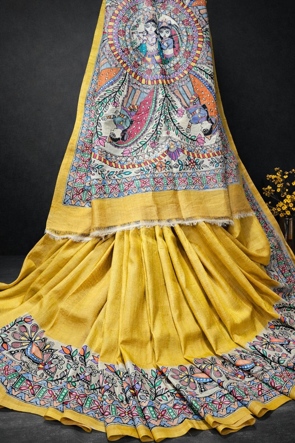 Handpainted Krishna Radha Pure Tussar Silk Saree
