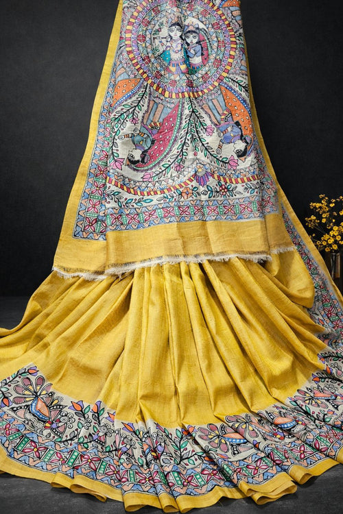 Handpainted Krishna Radha Pure Tussar Silk Saree