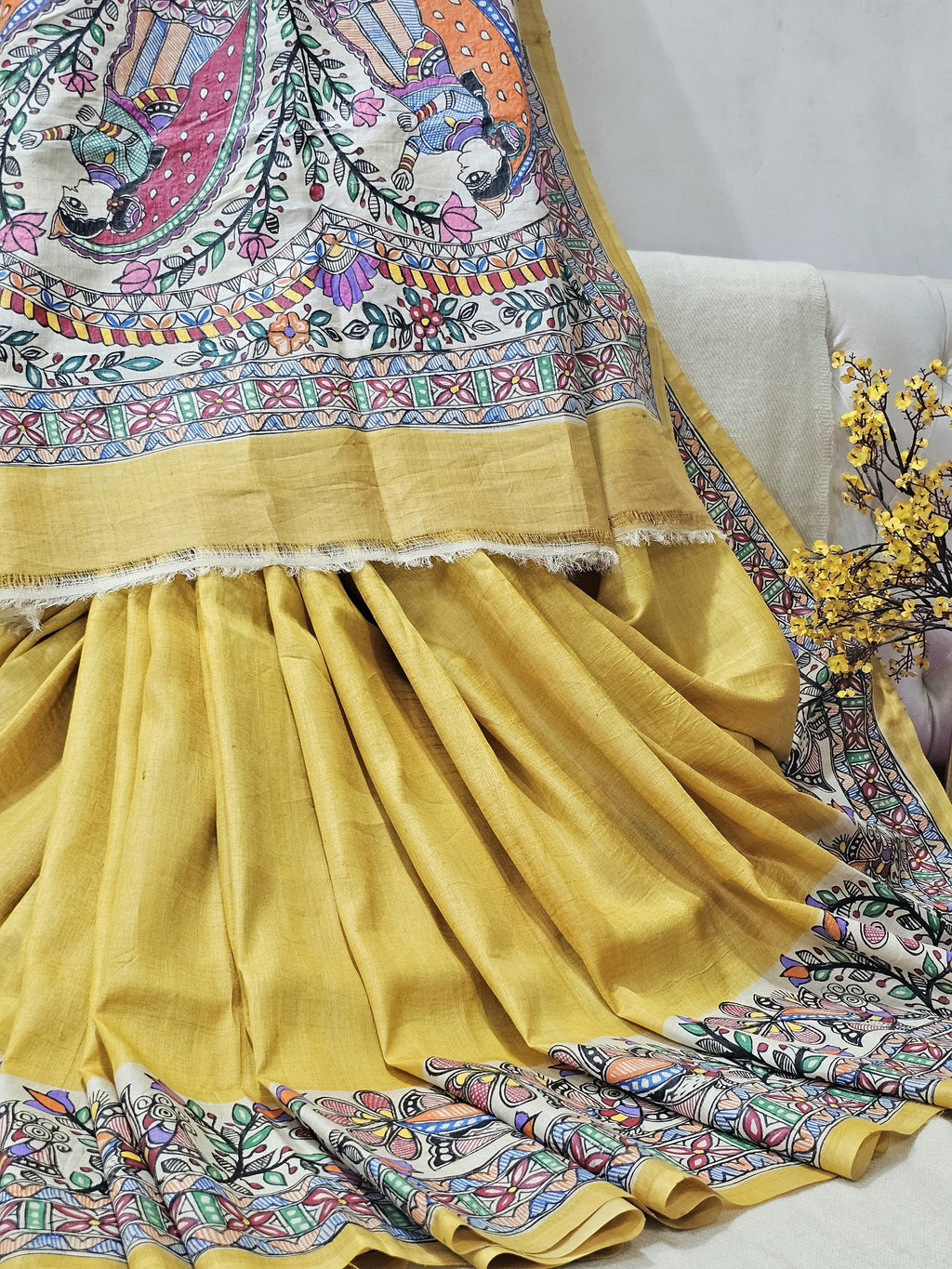 Handpainted Krishna Radha Pure Tussar Silk Saree