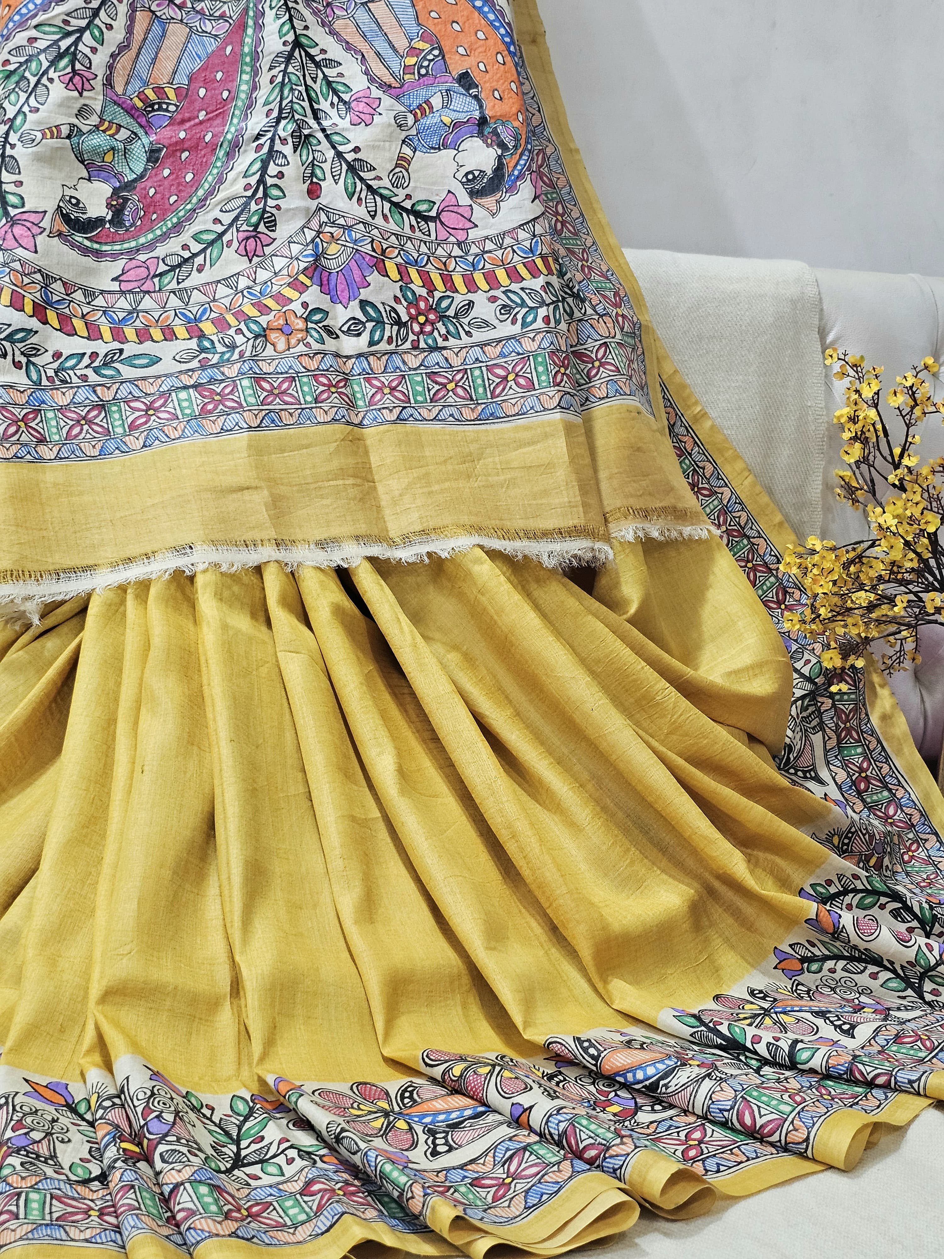 Handpainted Krishna Radha Pure Tussar Silk Saree