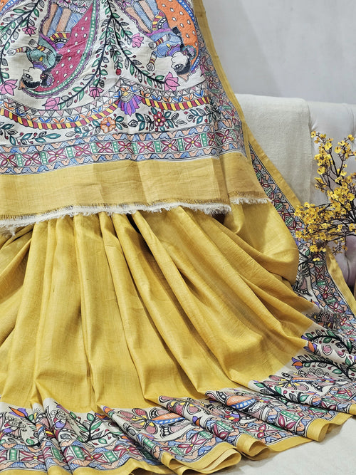 Handpainted Krishna Radha Pure Tussar Silk Saree