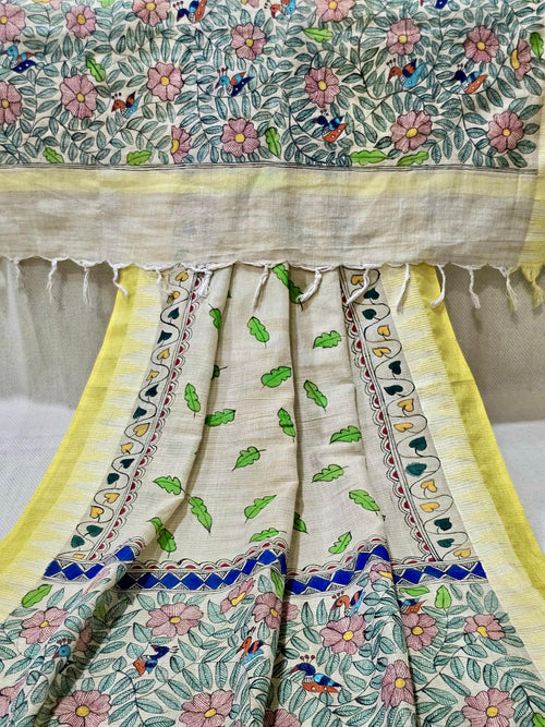 Cream Khadi Cotton Floral Hand Block Printed Scarf