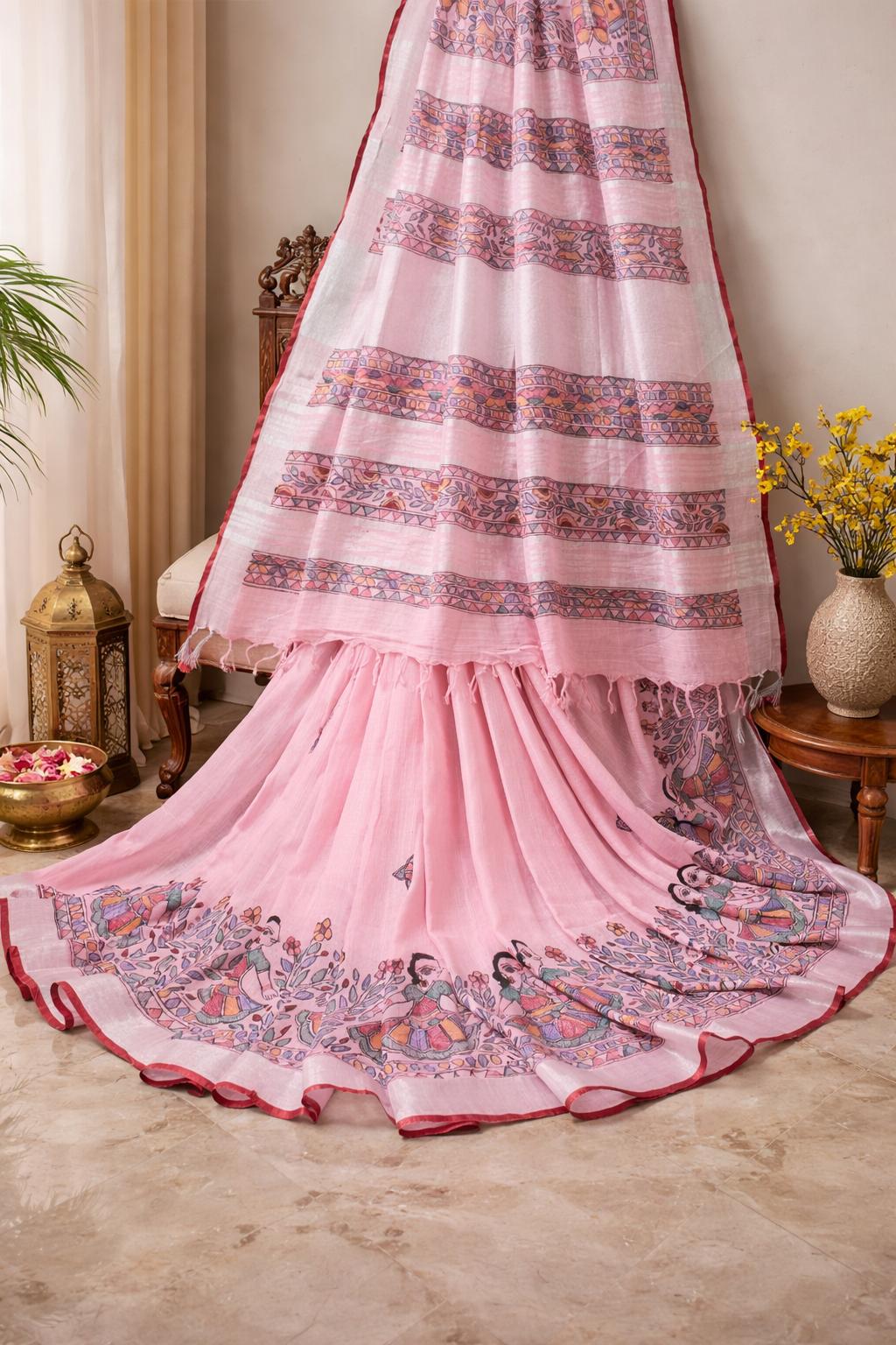 Handpainted Madhubani Pure Linen Cotton Saree